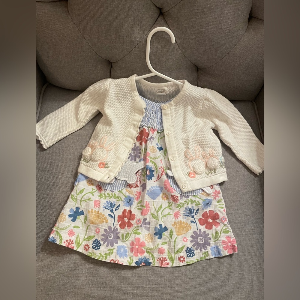 Mudpie Floral Bunny Dress with White Bunny Sweater-3-6 Months